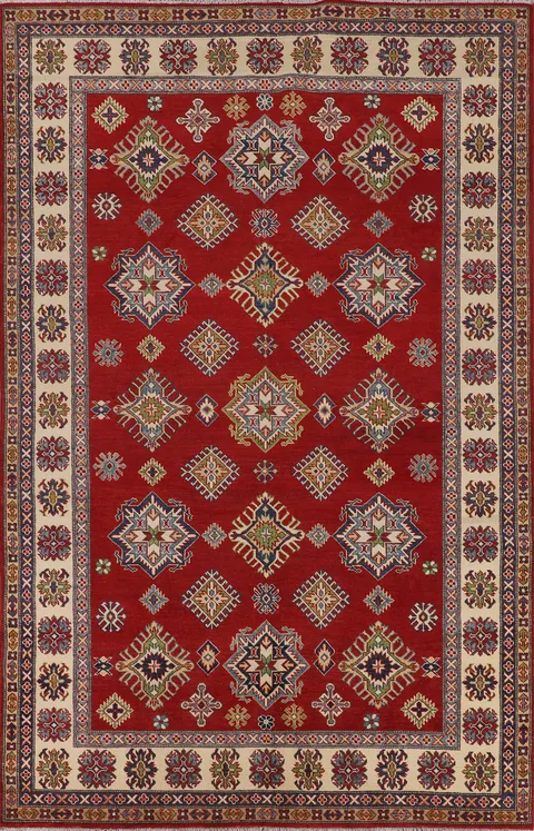 Red Geometric Kazak Oriental Area Rug 7x10