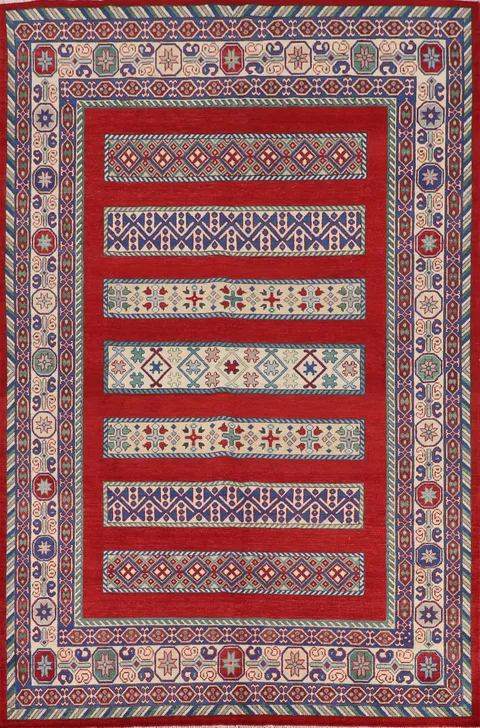 Red Geometric Kazak Oriental Area Rug 7x10