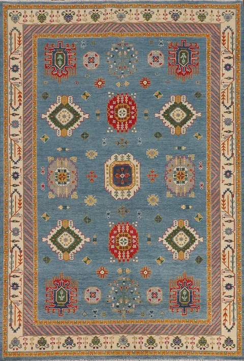 Blue Geometric Kazak Oriental Area Rug 7x10