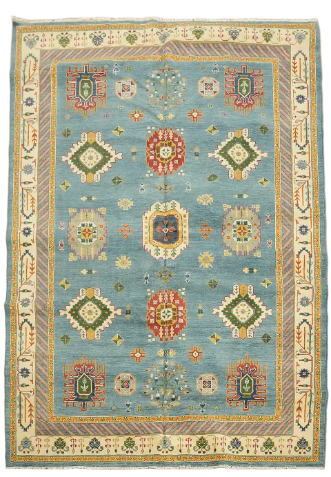 Blue Geometric Kazak Oriental Area Rug 7x10
