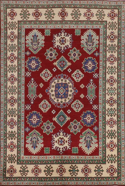 Red Geometric Kazak Oriental Area Rug 6x8