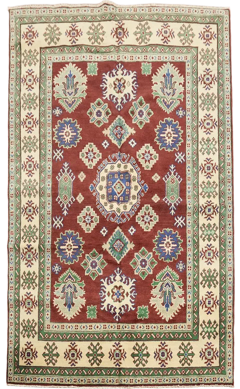 Majestic Red and Green Geometric Kazak Pakistani Rug 6x8 ft