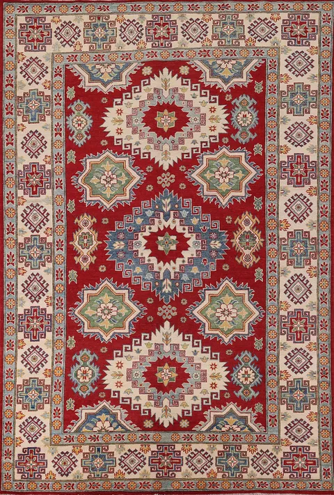 Red Geometric Kazak Oriental Area Rug 7x10