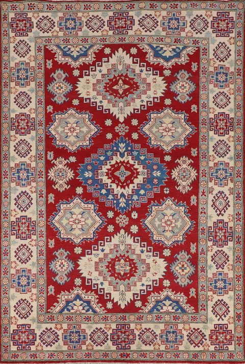 Red Geometric Kazak Oriental Area Rug 7x10