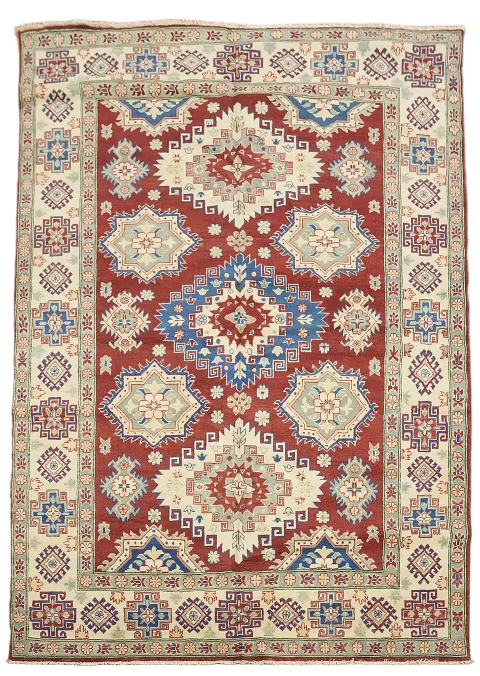 Red Geometric Kazak Oriental Area Rug 7x10
