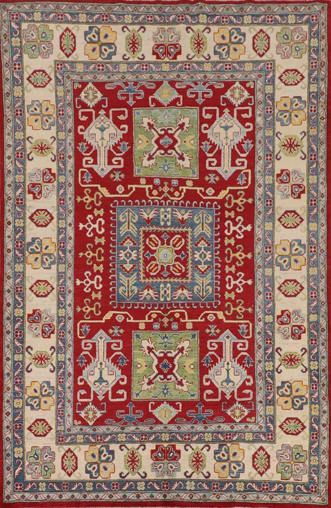 Red Geometric Kazak Oriental Area Rug 7x10