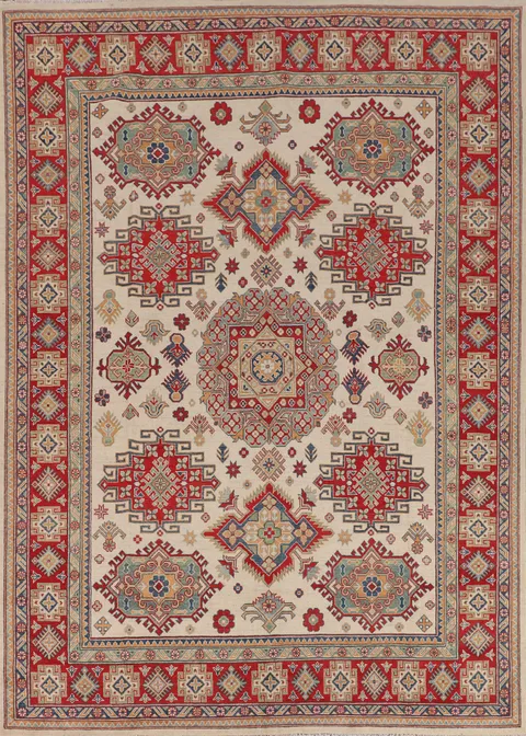 Ivory Wool Geometric Kazak Oriental Area Rug 8x10