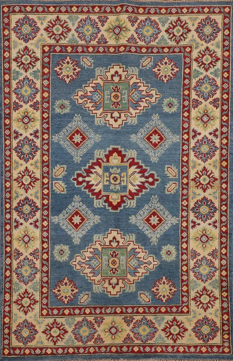 Blue Geometric Kazak Oriental Rug 4x6