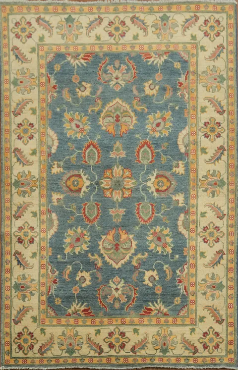 Elegant Floral Peshawar Pakistani Motif Rug with Rich Blue and Gold Accents 4x6