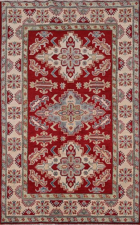 Geometric Red Wool Kazak Oriental Rug 4x7