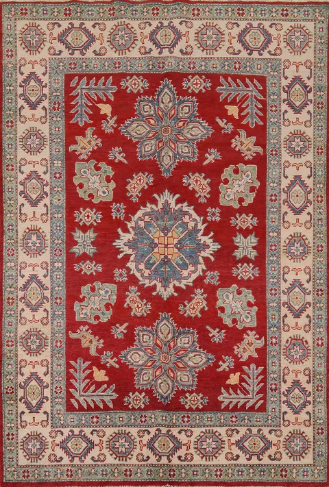 Red Geometric Kazak Handmade Accent Rug 5x7
