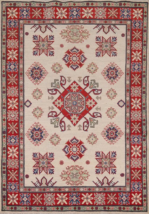 Ivory Wool Geometric Kazak Oriental Rug 5x7