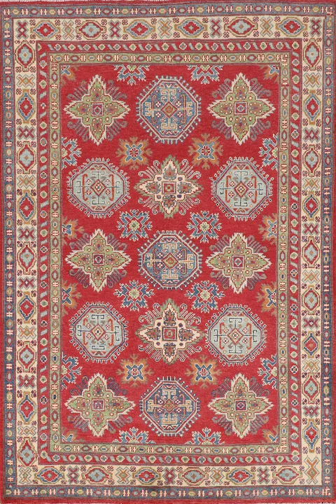 Red Wool Geometric Kazak Oriental Rug 5x7