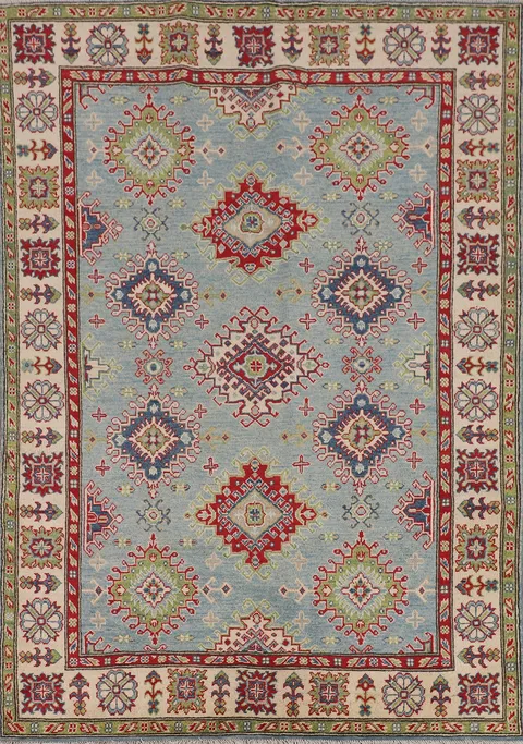 Light Blue Geometric Kazak Oriental Rug 5x7