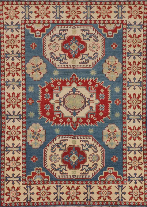 Blue Geometric Kazak Oriental Rug 5x7