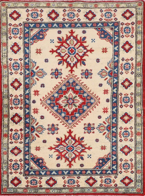 Ivory Geometric Kazak Oriental Rug 3x4