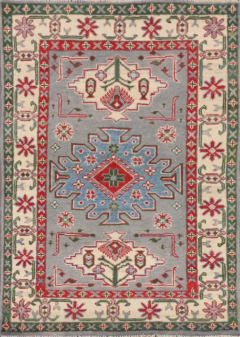 Gray Geometric Kazak Oriental Rug 3x4