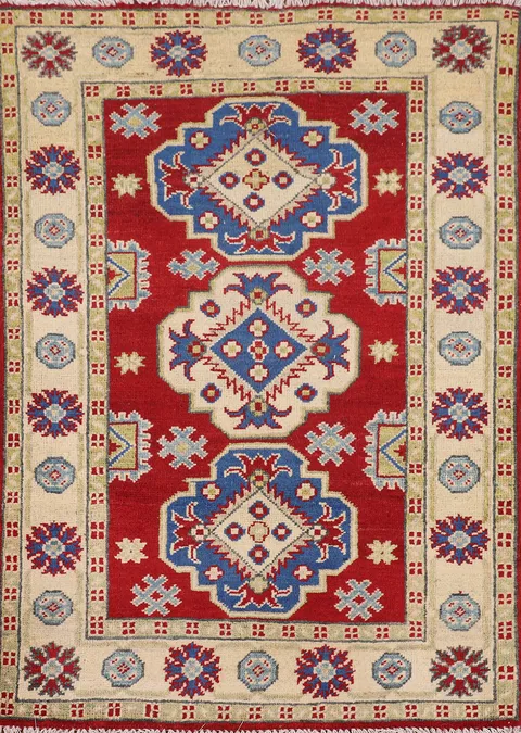 Red Geometric Kazak Oriental Rug 3x4