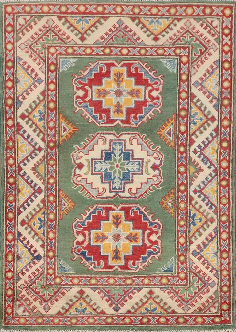 Green Geometric Kazak Oriental Accent Rug 3x4
