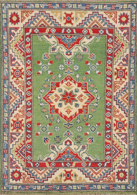 Handmade Wool Green Kazak Oriental Rug 3x4