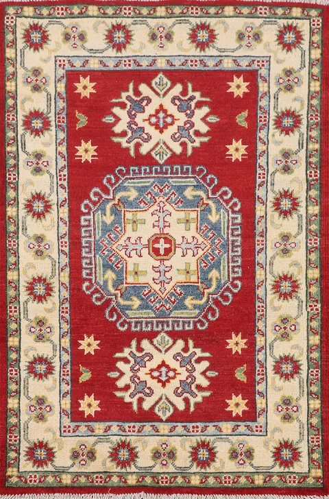 Red Geometric Kazak Oriental Rug 3x4