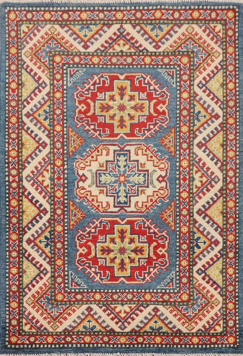 Blue Geometric Kazak Oriental Rug 3x4
