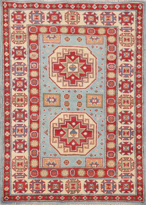 Light Blue Geometric Kazak Oriental Rug 3x4