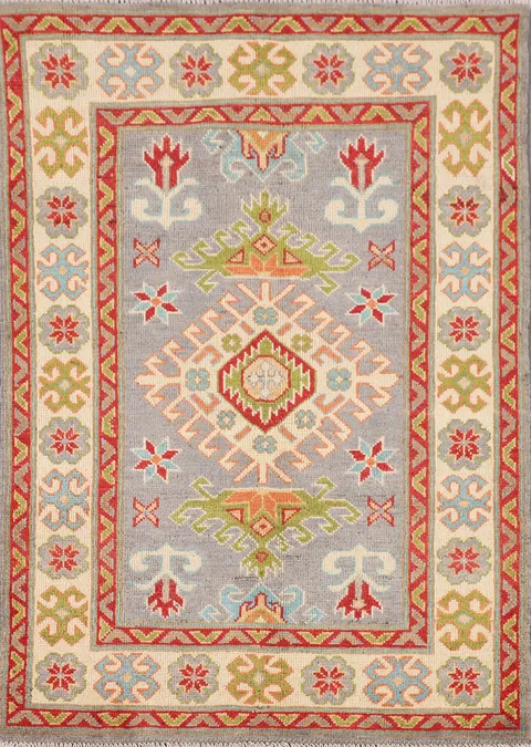 Gray Geometric Kazak Oriental Rug 3x4
