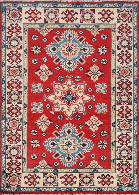 Red Handmade Wool Kazak Oriental Rug 3x4