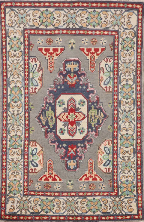 Gray Geometric Kazak Oriental Accent Rug 3x5