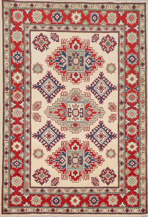 Ivory Geometric Wool Kazak Oriental Rug 4x5