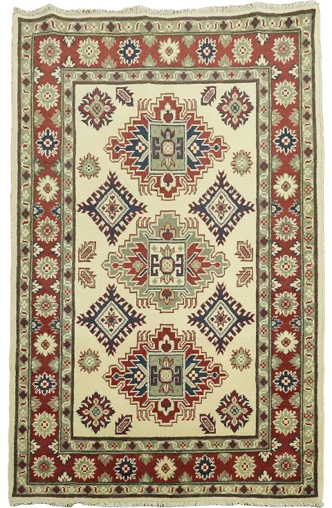 Ivory Geometric Wool Kazak Oriental Rug 4x5