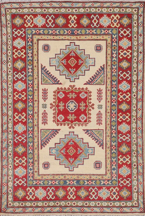 Ivory Geometric Kazak Accent Rug 4x5