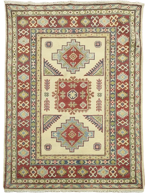 Ivory Geometric Kazak Accent Rug 4x5