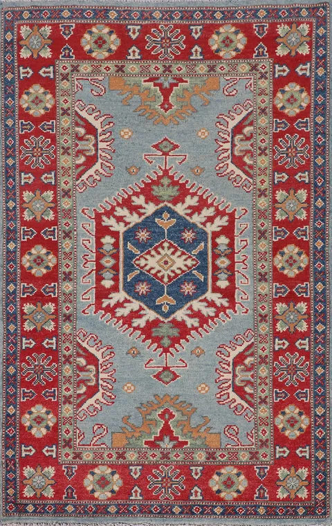 Light Blue Geometric Kazak Oriental Rug 3x5