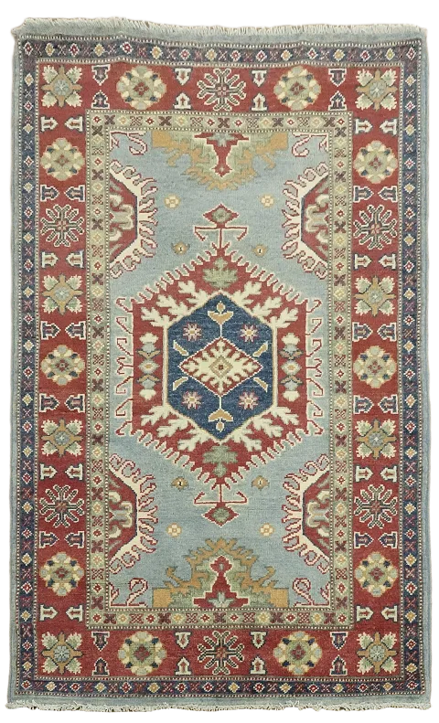 Light Blue Geometric Kazak Oriental Rug 3x5