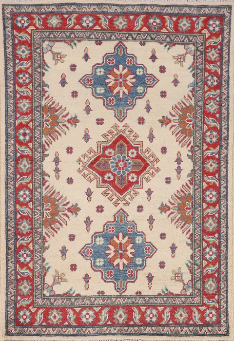 Ivory Geometric Kazak Oriental Accent Rug 3x5