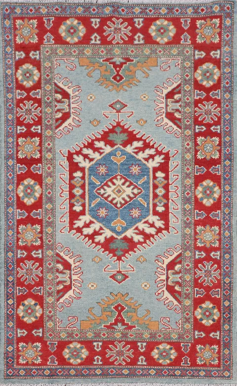 Light Blue Geometric Kazak Accent Wool Rug 3x5