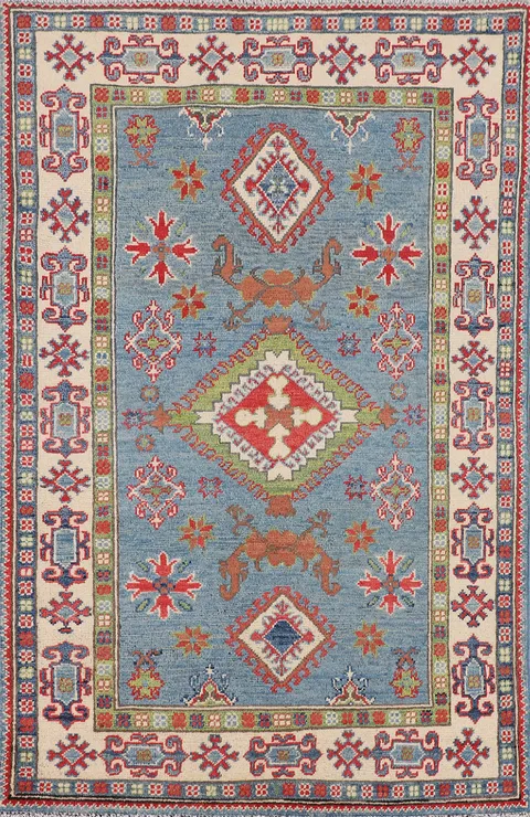 Light Blue Geometric Kazak Oriental Rug 3x5