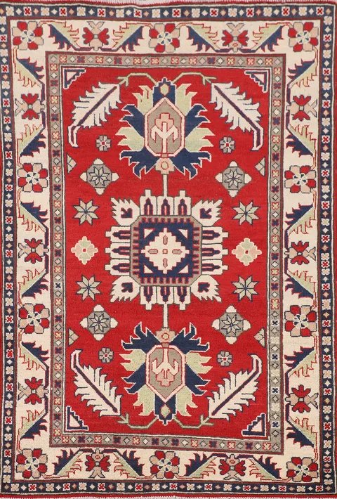 Red Geometric Kazak Oriental Wool Rug 3x5