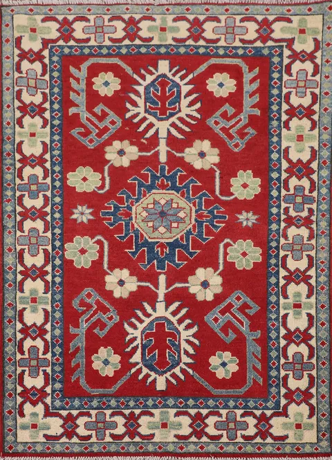 Red Geometric Kazak Handmade Accent Rug 3x5
