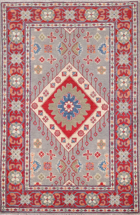 Gray Geometric Kazak Oriental Rug 3x4