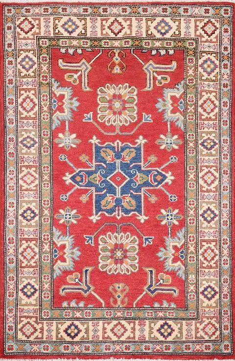 Geometric Red Wool Kazak Oriental Rug 3x5