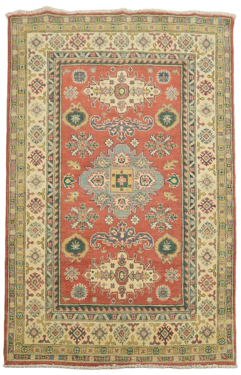 Vintage Inspired Red and Cream Kazak Tribal Wool Rug 4x6 ft