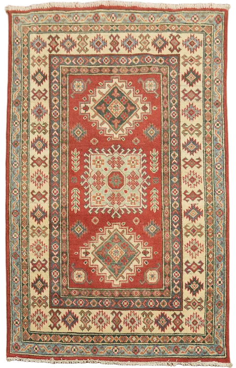 Red Geometric Kazak Oriental Accent Rug 3x5