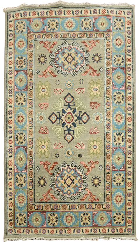 Green Handmade Wool Kazak Oriental Rug 3x5