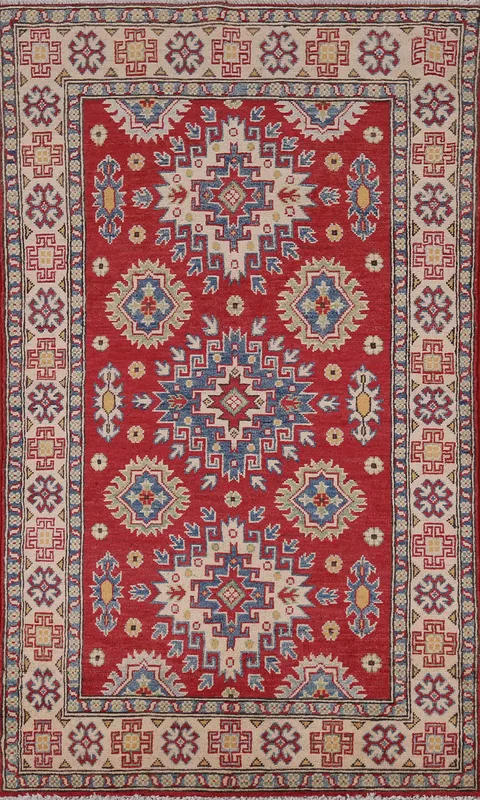 Red Geometric Kazak Oriental Rug 3x6