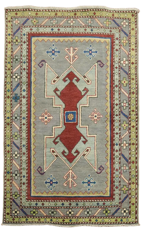 Grey and Green Geometric Patterned Kazak Pakistani Rug 3x5 ft