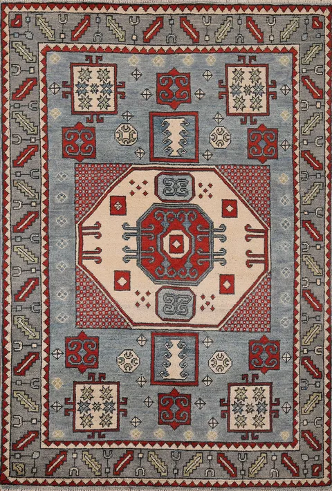 Blue Geometric Kazak Oriental Rug 4x5
