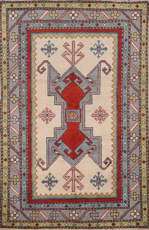 Ivory Geometric Kazak Oriental Accent Rug 3x5